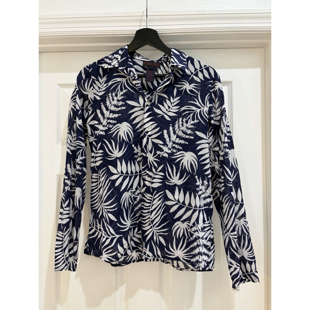 Ralph Lauren Womens S Navy White Tropical Floral Button-Up Blouse 100% Cotton